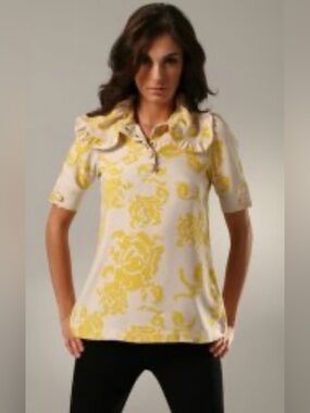 Karta Floral Ruffle Collar Tunic Top in White and Yellow Retro Mod Beaded Snaps